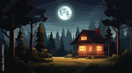 House in woods at night under moonlight. Cozy calm