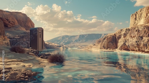 An atmospheric water generator in a desert oasis, showcasing the technology's ability to provide water in harsh environments,