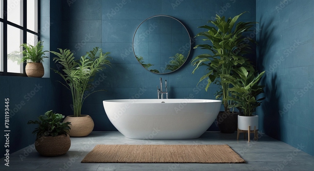 Modern design, bathroom in blue tones, with luxurious green planters with large windows Modern design, bathroom in blue tones, with luxurious green planters with large windows