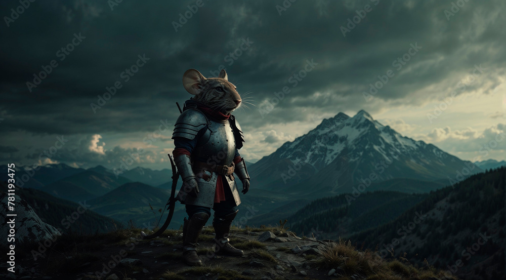 Cartoon samurai rat in armor in the mountains against the backdrop of dark clouds. - obrazy, fototapety, plakaty 