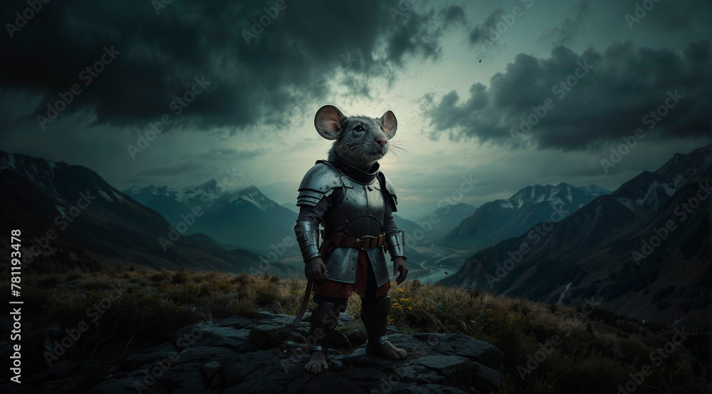 Cartoon samurai rat in armor in the mountains against the backdrop of dark clouds.