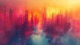 Dramatic red and orange hues envelop a cityscape at sunset, with skyscrapers piercing through a thick layer of atmospheric mist. Generative AI