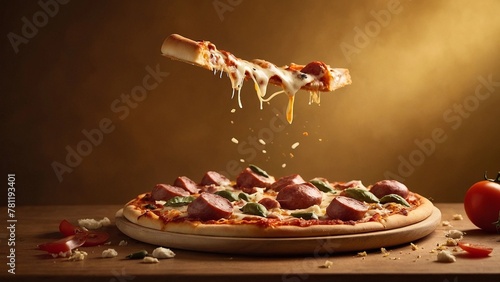 close-up of pizza on yellow background