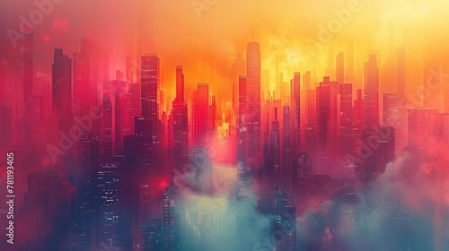 Dramatic red and orange hues envelop a cityscape at sunset  with skyscrapers piercing through a thick layer of atmospheric mist. Generative AI