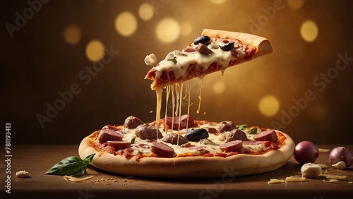 close-up of pizza on yellow background