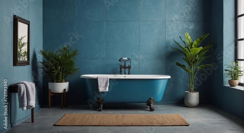 Modern design  bathroom in blue tones  with luxurious green planters with large windows