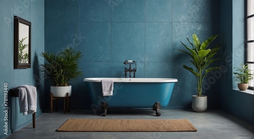 Modern design, bathroom in blue tones, with luxurious green planters with large windows