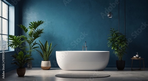 Modern design, bathroom in blue tones, with luxurious green planters with large windows © mischenko
