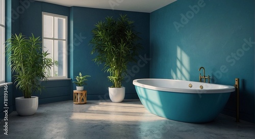 Modern design, bathroom in blue tones, with luxurious green planters with large windows