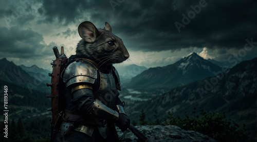 Cartoon samurai rat in armor in the mountains against the backdrop of dark clouds.