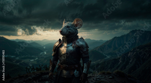 Cartoon samurai rat in armor in the mountains against the backdrop of dark clouds. photo