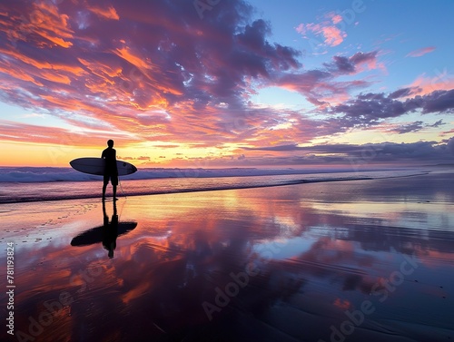 AI-generated illustration of a surfer on the beach at sunset holding a surfboard