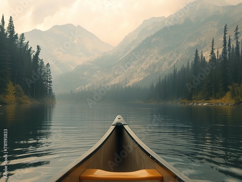 AI-generated illustration of a canoe on the lake with a mountain backdrop © Wirestock