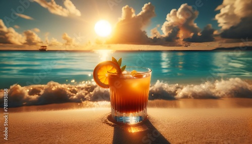 AI-generated illustration of the Tequila Sunrise cocktail on the beach photo