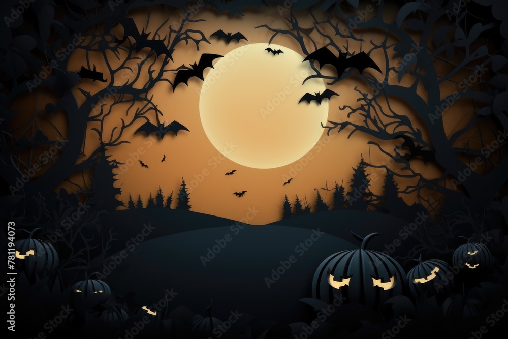 Bats Flying Across a Moonlit Sky with Halloween Pumpkins and Silhouetted Forest