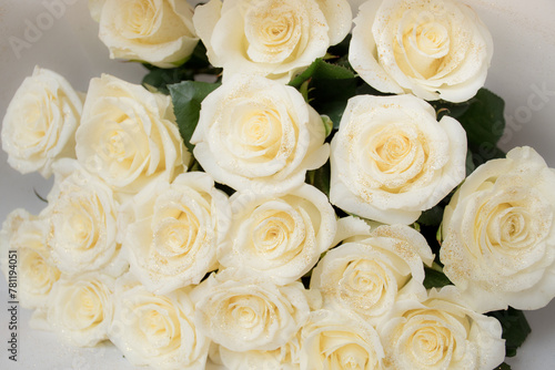 Bouquet of beautiful white roses, greeting card floral background