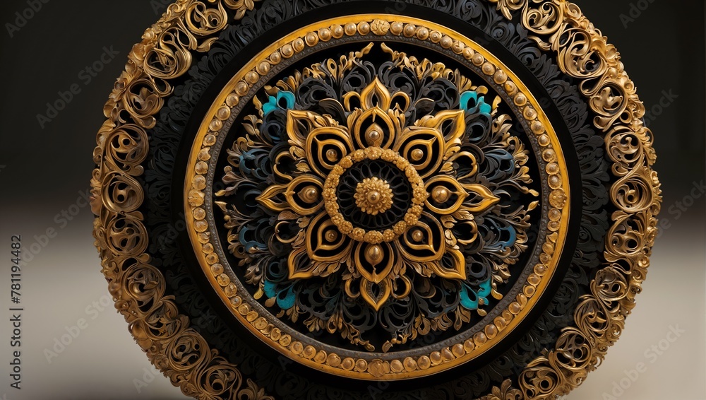 AI generated illustration of a decorative black and gold circle showcased centrally