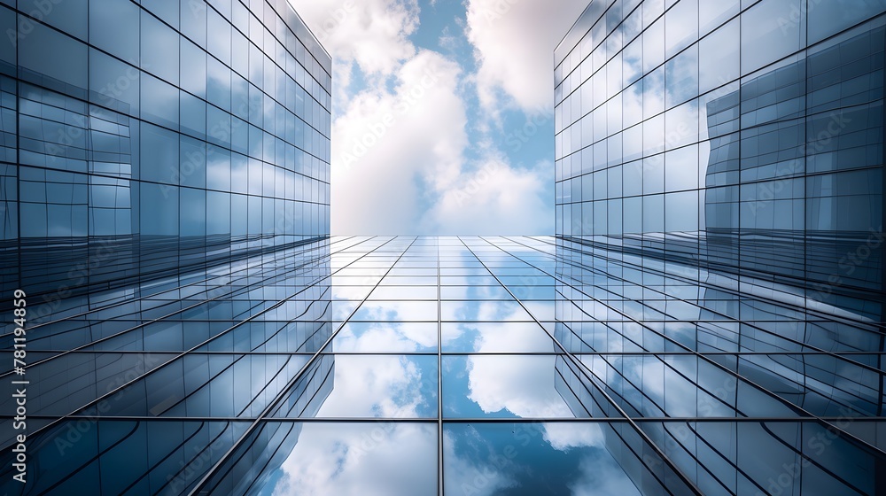 AI generated illustration of a towering skyscraper with captivating cloud reflections