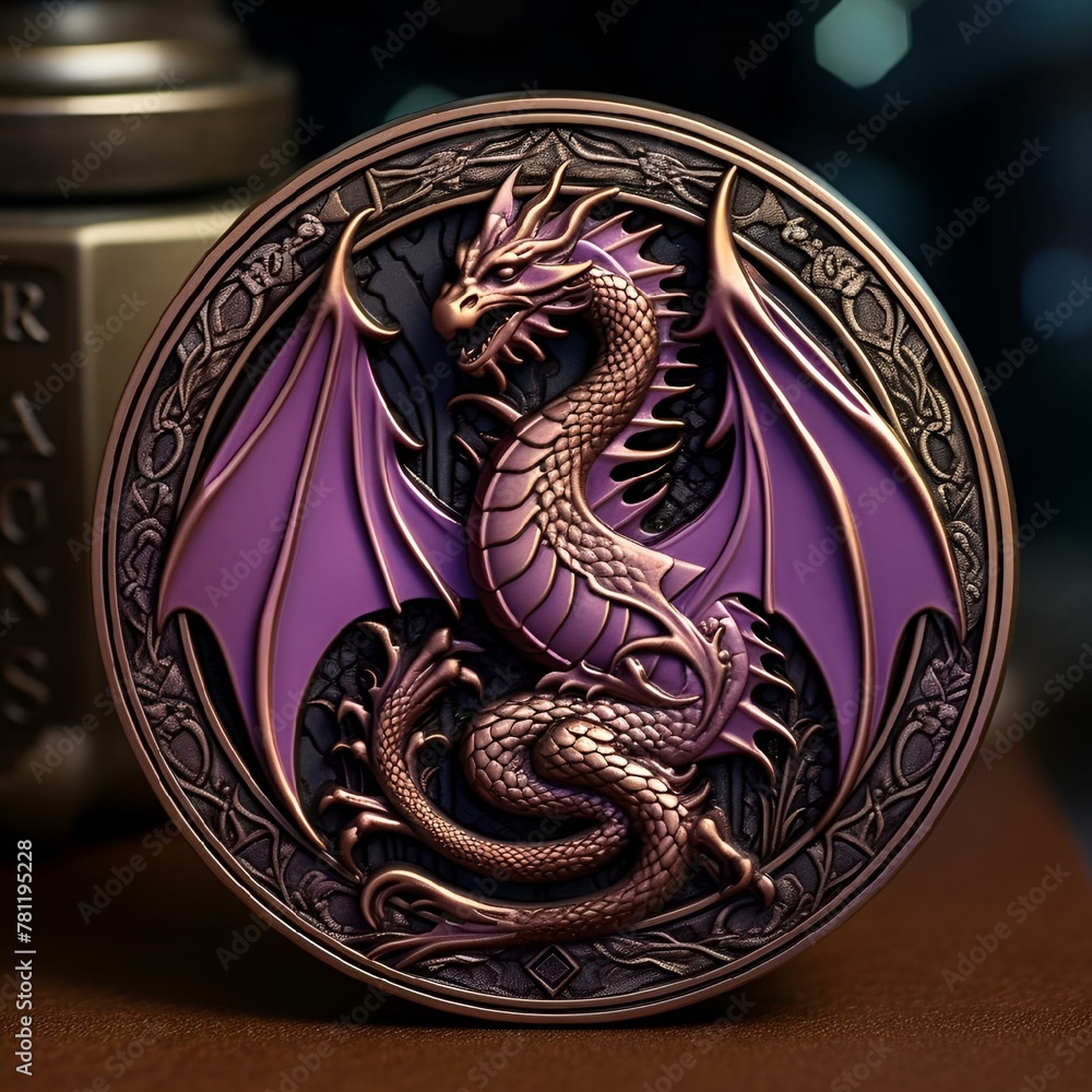 the red, gold and purple dragon pocket watch on a wooden surface