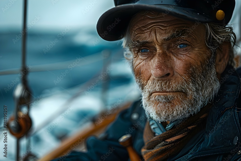 Weathering the Storm: Serious Old Captain on Yacht with Competitive Copy Space. Concept Stormy Weather, Old Sea Captain, Yacht, Competitive Copy Space