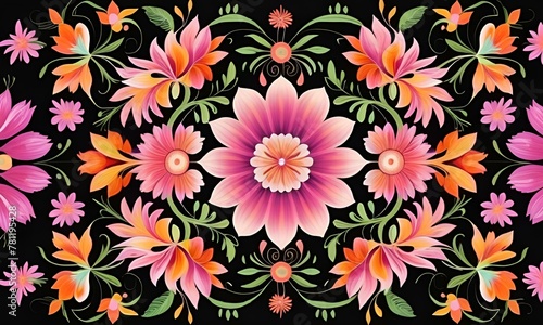 AI generated illustration of colorful floral design on a black background with a green border
