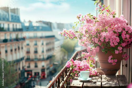 A balcony from a building in a Paris street, with a coffee mug on a table and pink flowers