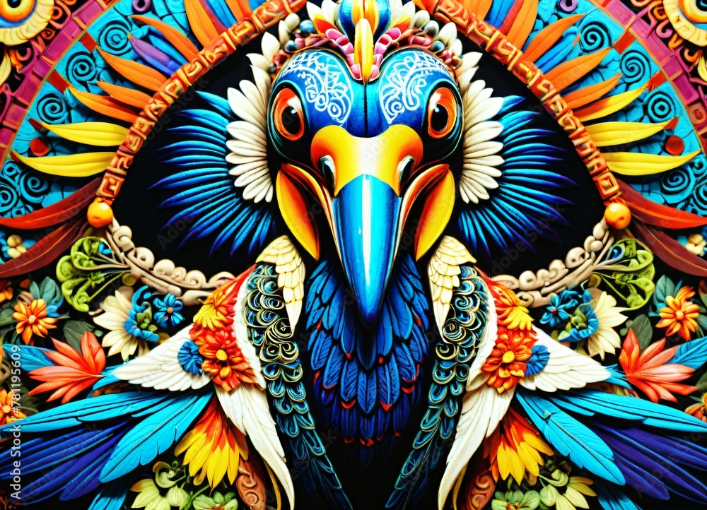 AI generated illustration of an intricately designed painting featuring a peacock bird