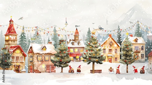 An enchanting watercolor scene of a small winter village adorned with Christmas decorations and gentle snowfall, evoking holiday spirit. Quaint Winter Village Celebrating Festive Season   © M