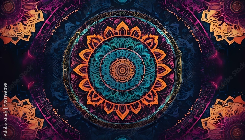 an abstract design in purple, orange and turquoise colors, with intricate circular elements