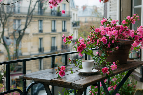 A balcony from a building in a Paris street, with a coffee mug on a table and pink flowers