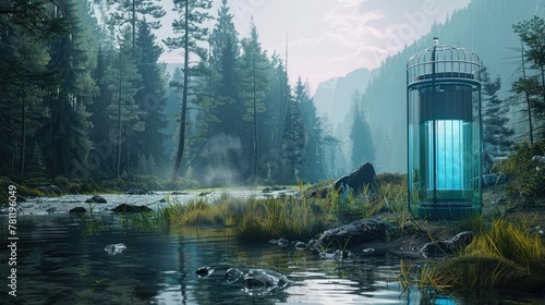 An atmospheric water generator in a remote wilderness area, illustrating the technology's ability to provide water in off-grid locations,