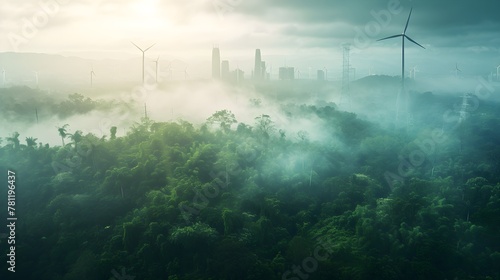 AI generated illustration of wind turbines dotting fog-covered mountains and lush green trees