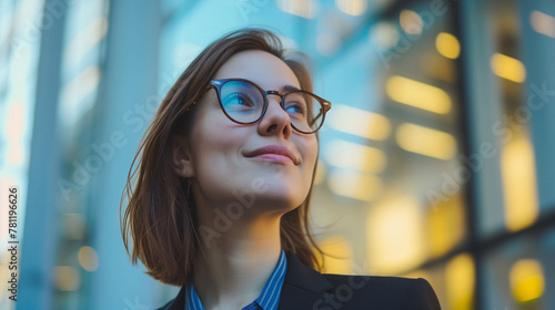 AI generated illustration of a woman with glasses gazing upwards, glancing over her shoulder photo