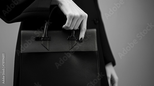Close-Up of Woman's Hand Resting on Black Leather Bag. Generative AI