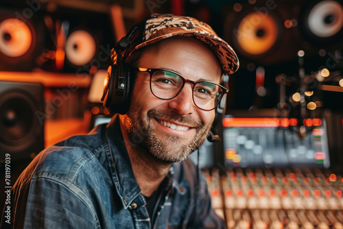 Smiling male podcaster in studio with professional equipment. Generative AI image photo
