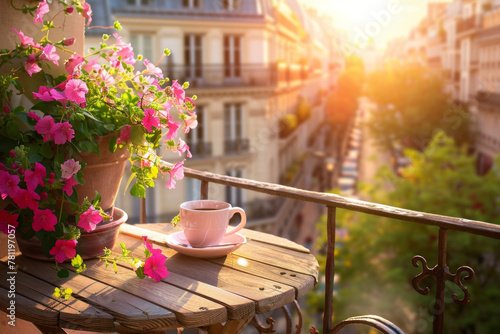 A balcony from a building in a Paris street, with a coffee mug on a table and pink flowers
