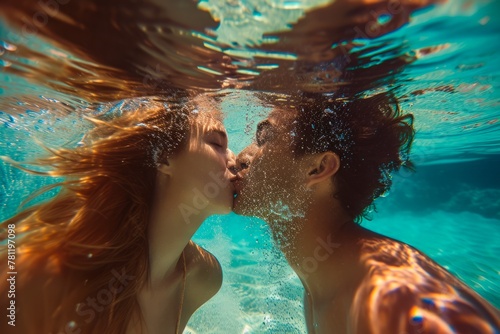 a man and woman kissing under water, Valentine's Day