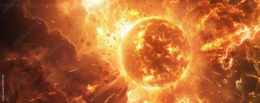 Fototapeta premium A cinematic still of the sun exploding, with orange and yellow flames surrounding it