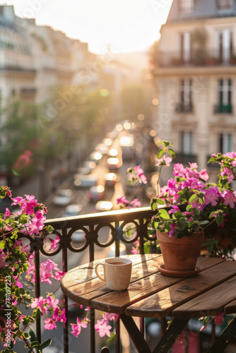 A balcony from a building in a Paris street, with a coffee mug on a table and pink flowers