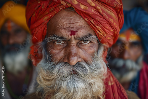 Intense gaze of a man with traditional headwear. Generative AI image