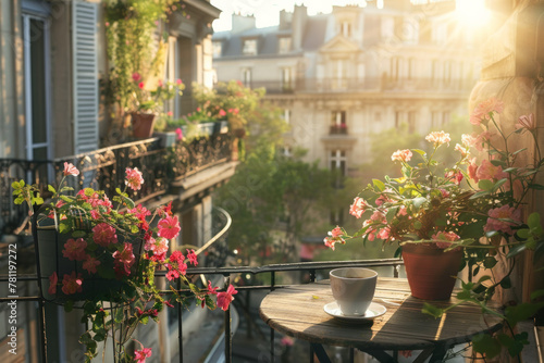 A balcony from a building in a Paris street, with a coffee mug on a table and pink flowers