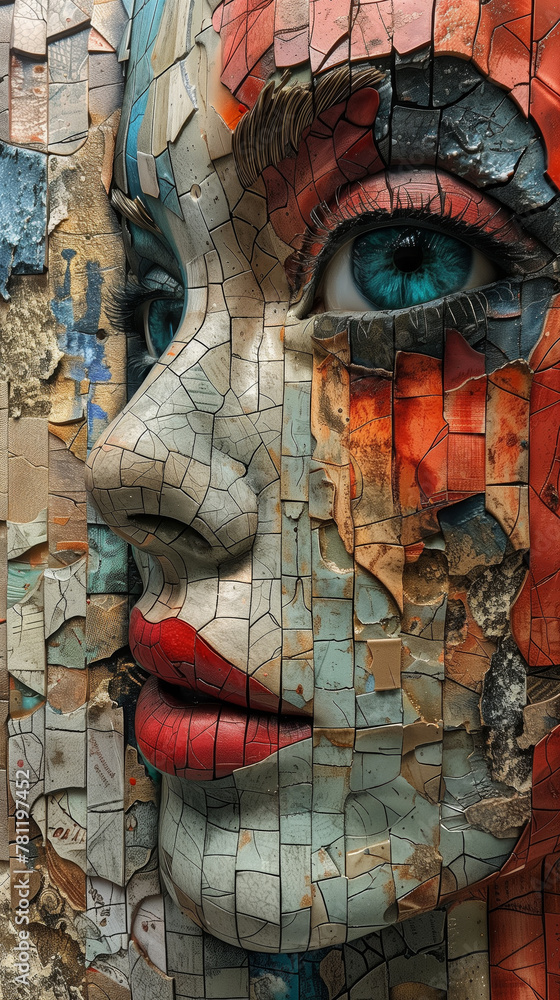 A Mosaic Of Urban Life, A Woman's Portrait Pieced Together With Varied Textures And Vivid Colors