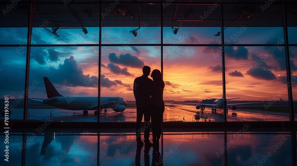 the silhouette of a couple standing in an airport looking out of a window