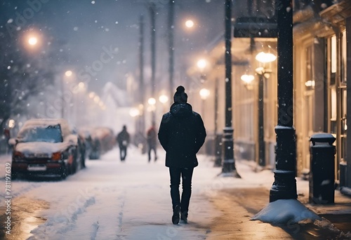 AI-generated illustration of a lone person strolling through a snowy, illuminated street © Wirestock