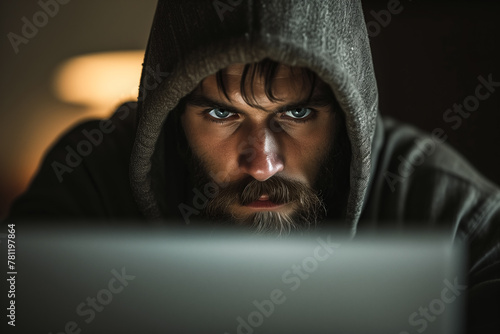 Intense hacker focusing on computer screen in darkness. Generative AI image photo