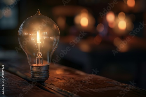 An illuminated incandescent light bulb on a rustic wooden table with a warm, cozy background atmosphere. Illuminated Light Bulb on Wooden Surface photo