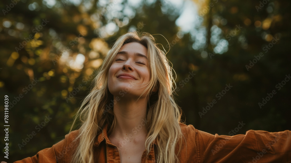 Portrait of a free happy blond hair caucasian woman with open arms enjoying life in meadows and nature background , young joyful female with good mental health Portrait of a free happy blond hair caucasian woman with open arms enjoying life in meadows and nature background , young joyful female with good mental health