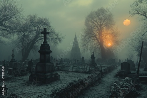 Eerie winter fog blankets hillside graveyards, AI-generated. photo