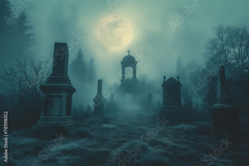 Eerie winter fog blankets hillside graveyards  AI-generated.