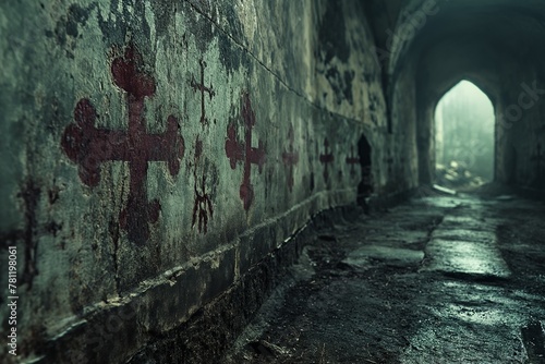 Spooky alley adorned with red cross paintings  AI-generated.